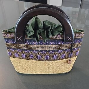 Handwoven Straw Tote with Purple Pattern and Dark Wood Handles